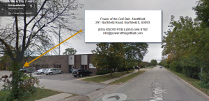 Street view of entrance to Power of the Golf Ball Facility Parking Lot, approaching from willow road driving south on Northfield Road